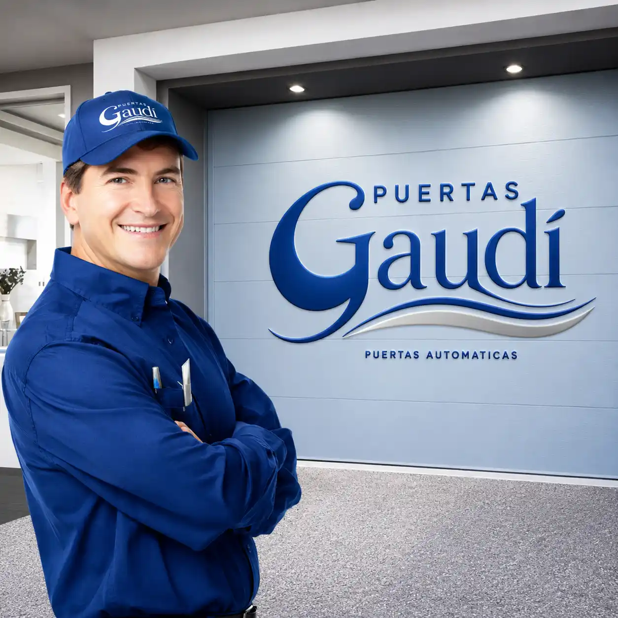 Técnico de Puertas Gaudí junto a una puerta automática